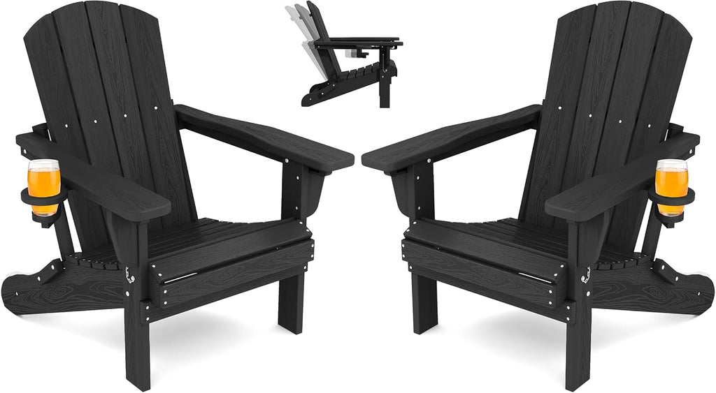 SERWALL Folding Adjustable Adirondack Chairs Set of 2, Cup Holders, Black