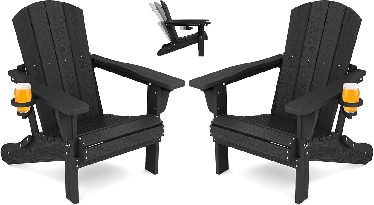 SERWALL Folding Adjustable Adirondack Chairs Set of 2, Cup Holders, Black