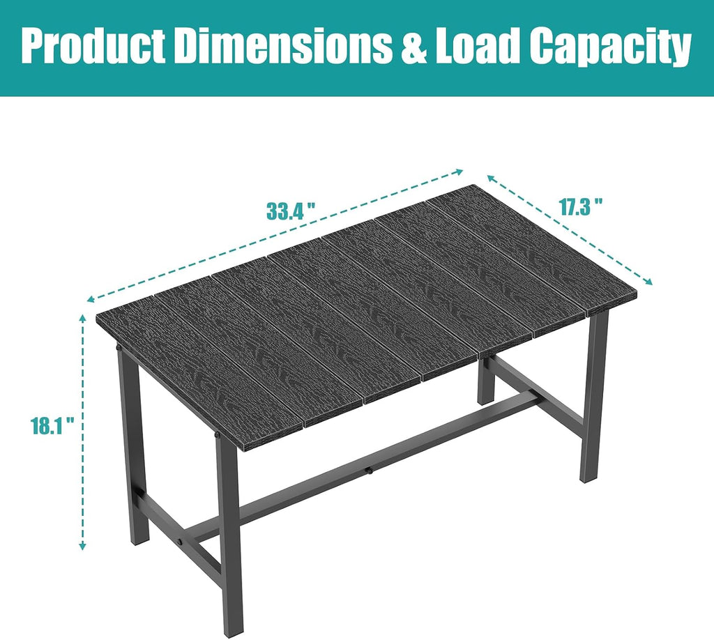 Outdoor Coffee Table, 33.4"L x 17.3"W x 18.1"H Rectangle Weather-Resistant Patio Coffee Table, Metal Heavy-Duty Frame Coffee Side Table, Waterproof for Garden, Porch, Balcony, Deck, Poolside, Black