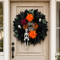 24in Halloween Wreath for Front Door, Black Pumpkin Skull Gothic Door Decor