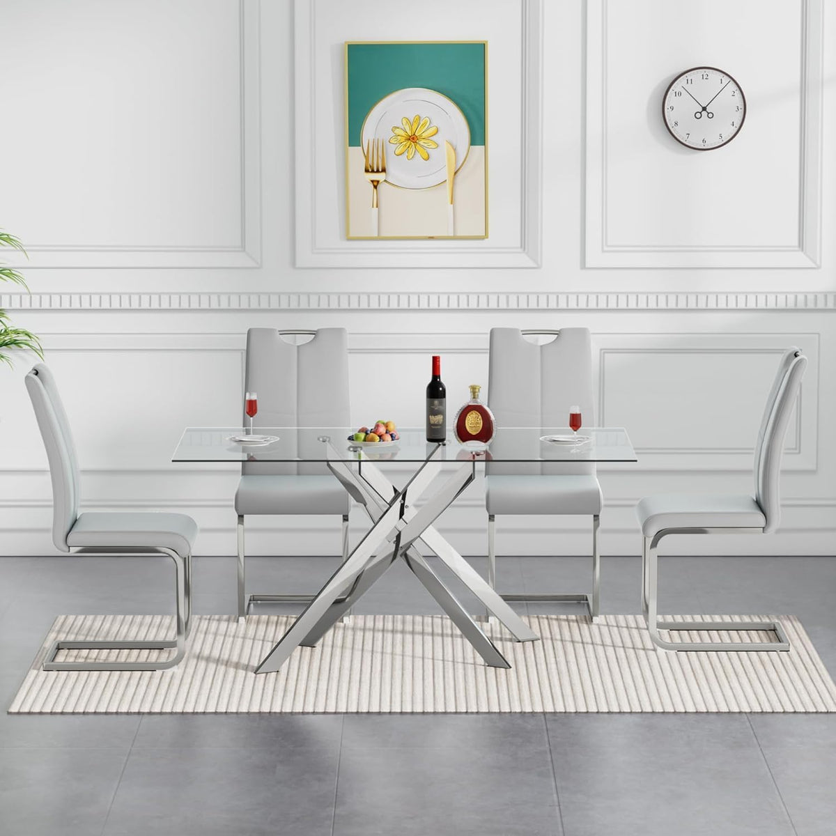 5 Piece Modern Dining Table Set of 4, 51" Tempered Glass Rectangle Dining Tables and 4 Leather Gray Dining Chairs, 51 inch Kitchen Tables with Silver Metal Base, Large Dining Table Set