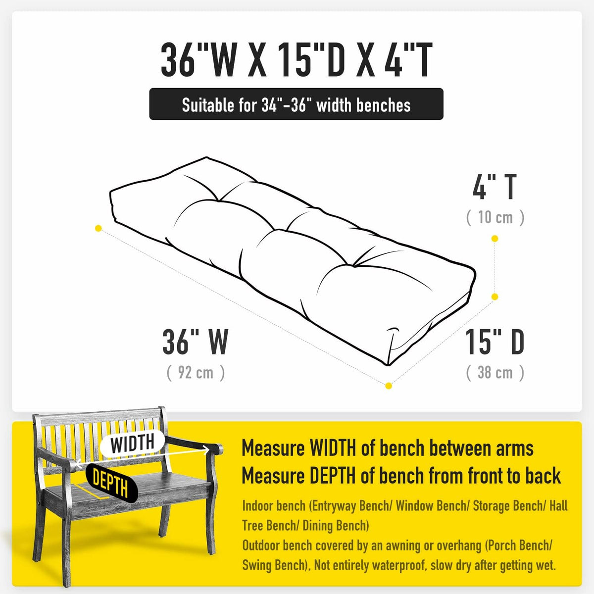 SUNROX LokGrip Non Slip Tufted Memory Foam Bench Cushion, FadeShield Water Resistant Durable Thicken Outdoor/Indoor Bench Seat Pads 36x14x4 inch, Heather Grey