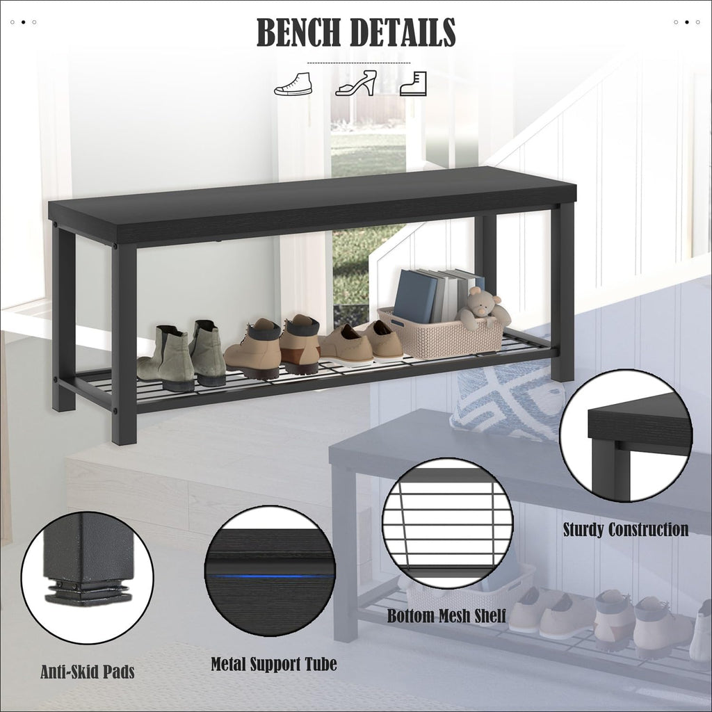 EXCEFUR Entryway Bench, Modern Wood and Metal Storage Bench for Hallway Front Door Entrance, Industrial Indoor Shoe Rack Bench Seat for Bedroom Living Room, 43.3 Inch Black