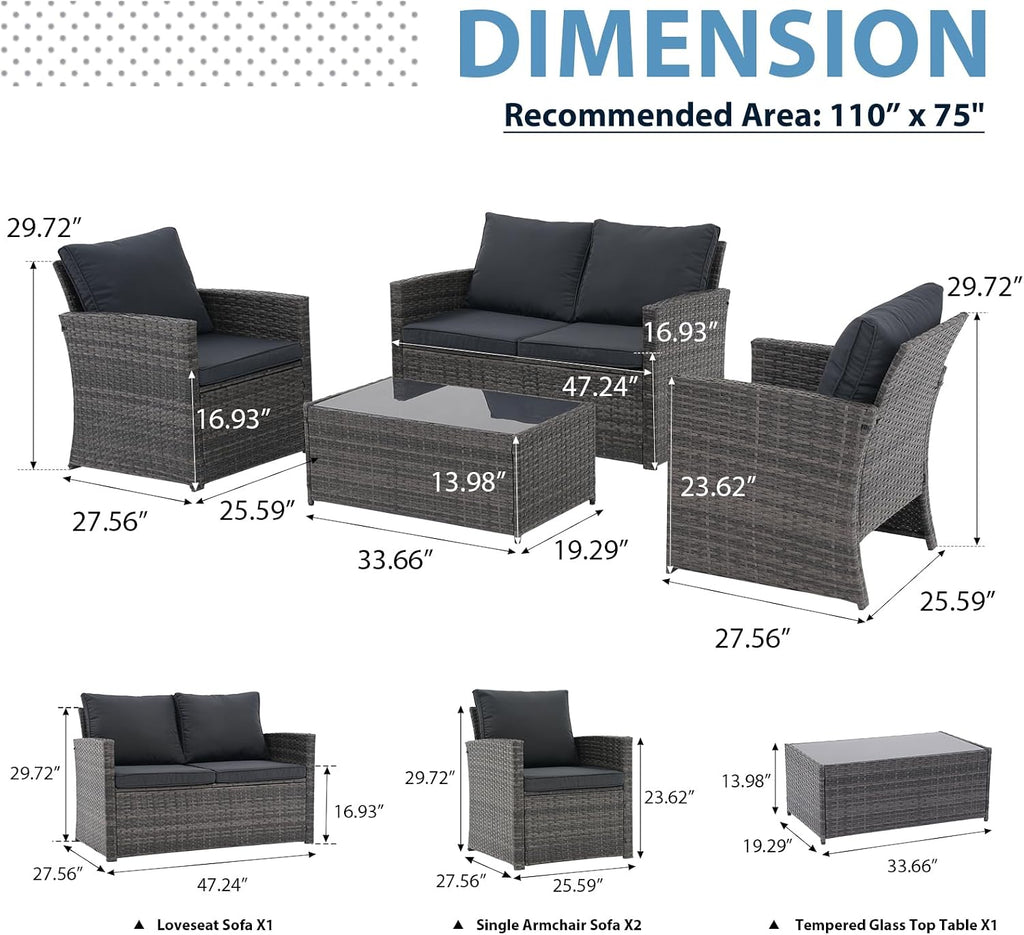 JOIVI 4 Piece Patio Furniture Set, Wicker Patio Conversation Set, Dark Gray