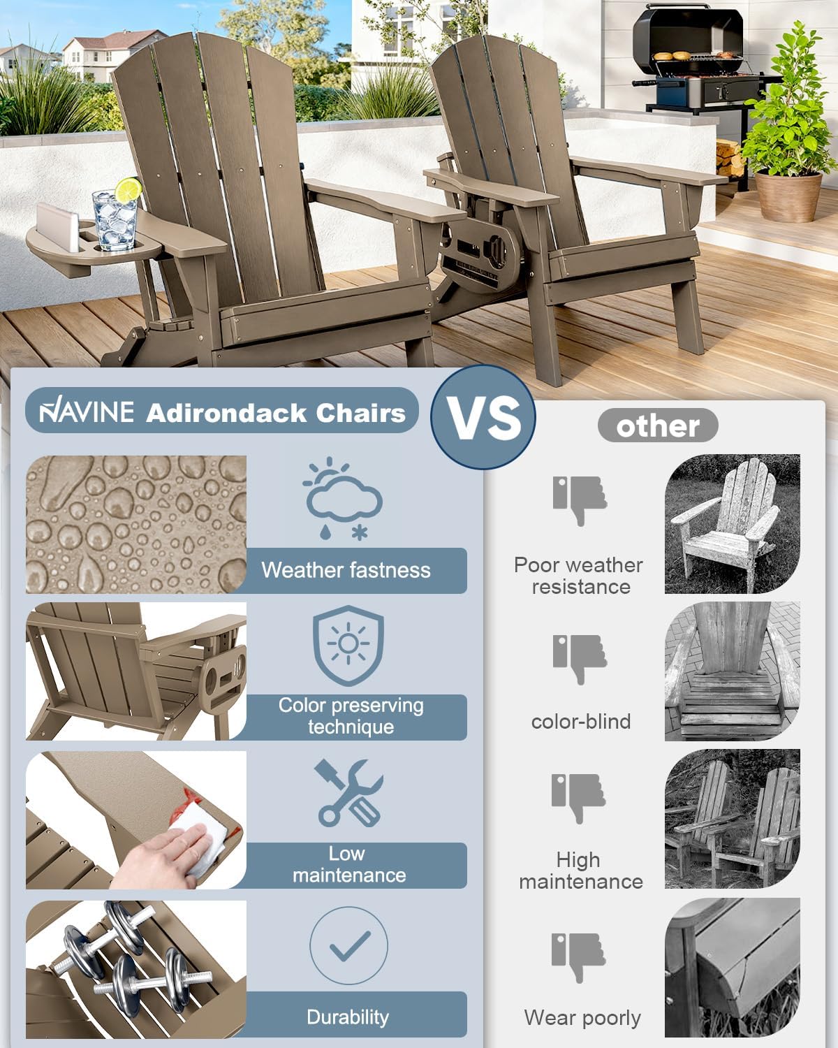 NAVINE Folding Adirondack Chairs Set of 4 with 4-in-1 Cup Holder, Brown