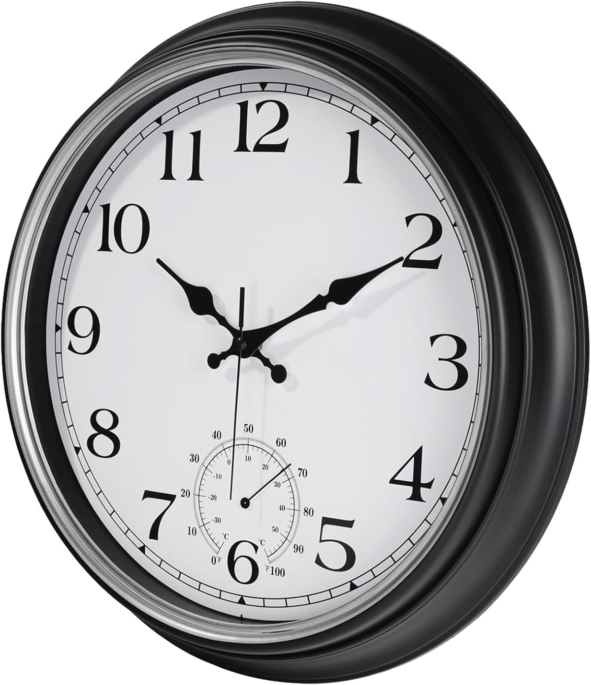 JoFomp Large Waterproof Outdoor Clock with Thermometer Combo - 16 inch Silent Non Ticking Quartz Battery Operated Wall Clock for Patio, Home, Pool, Garden, Porch, Deck (Silver, 16 Inch)