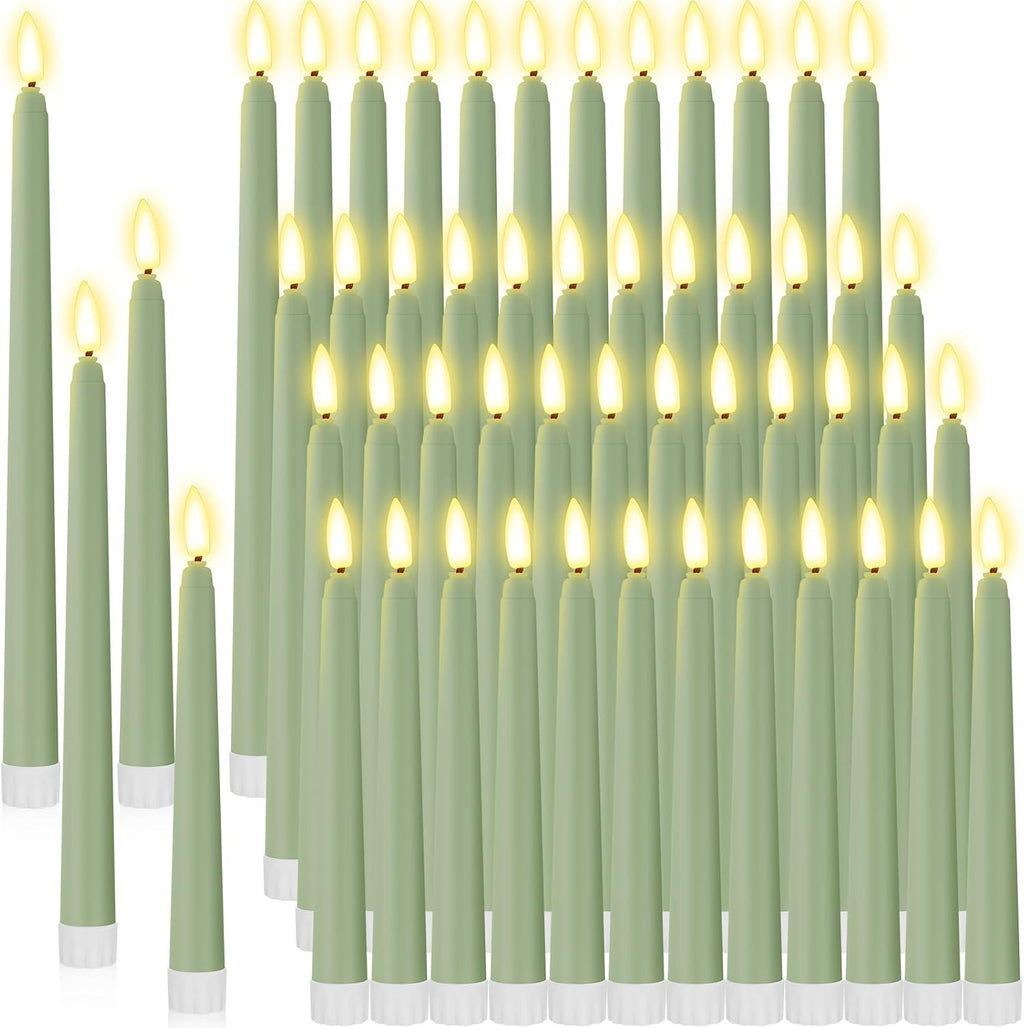 Rossesay 48 Pcs Flameless LED Taper Candles Battery Operated Candles 4 Sizes of 8.5'', 9.65'', 10.83'', 12.8'' Flameless Candlesticks Flickering for Halloween Christmas Church Wedding(Sage Green)
