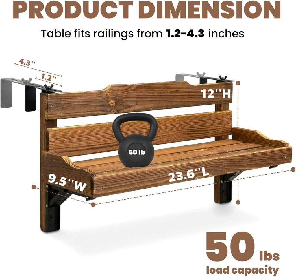 Folding Balcony Railing Table, Solid Wood Balcony Hanging Table, Railing Plant Holder, Balcony Bar Table Furniture for Apartment, Patio, Deck