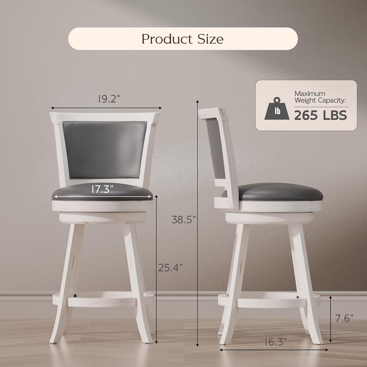 Bar Stools Set of 2, Farmhouse 24" Counter Height Barstools, White