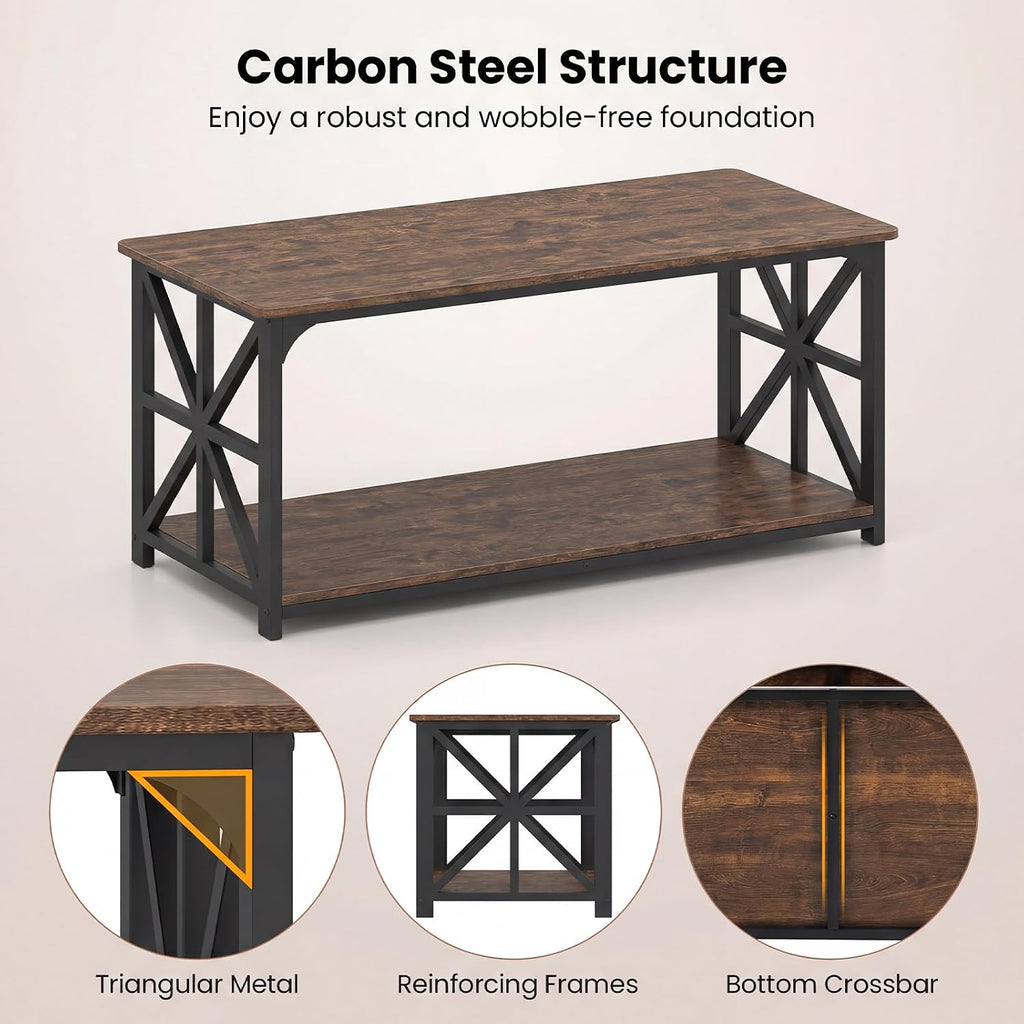 GIANTEX Farmhouse Coffee Table, 43" Center Table with Storage, Rustic Brown
