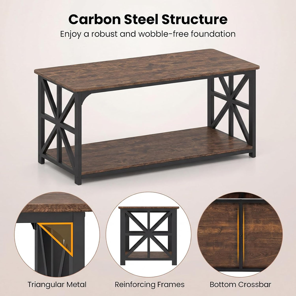 GIANTEX Farmhouse Coffee Table, 43" Center Table with Storage, Rustic Brown