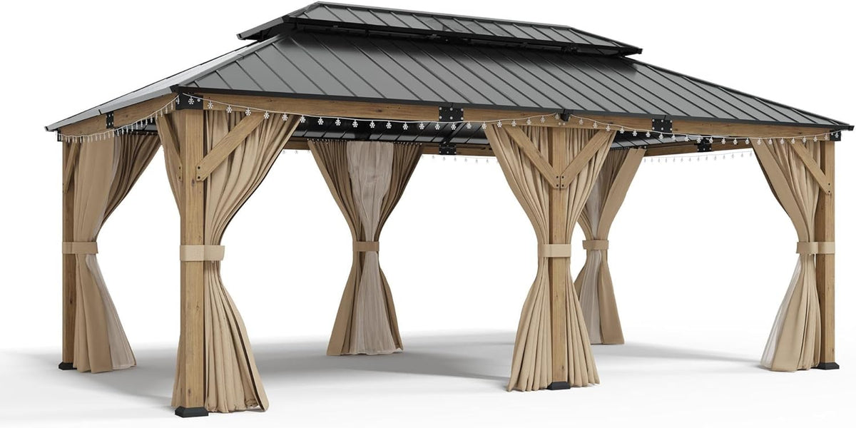 AMERLIFE 12x20FT Hardtop Gazebo with Double Roof, Privacy Curtain & Netting