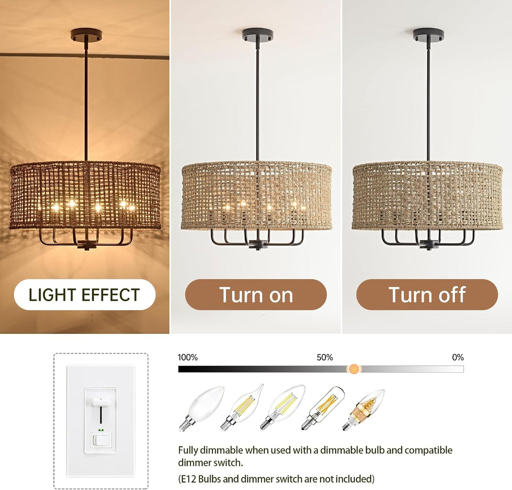 21.6" large rattan chandelier, 6-light boho pendant light, front angle view