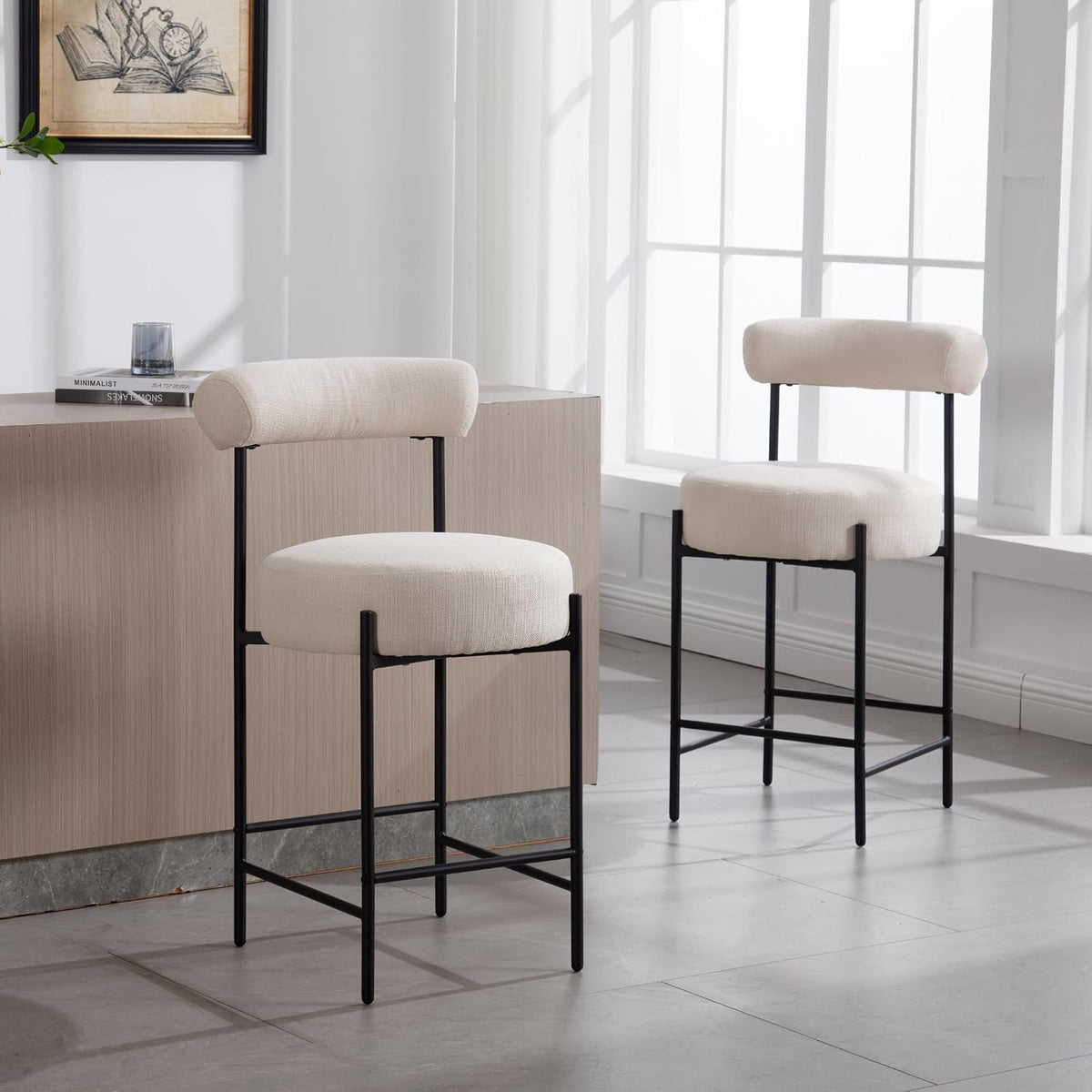 shunzhi beige linen counter height bar stools set on a desk or shelf