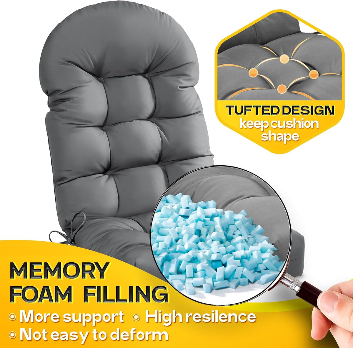 MAGIC ELEPHANT Adirondack Chair Cushion Set of 2, Memory Foam Outdoor Cushions for Adirondack Chairs, 44x19x4 Inch, Thick High Back Patio Rocking Chair Pad Seat Cushion Replacement (Gray)