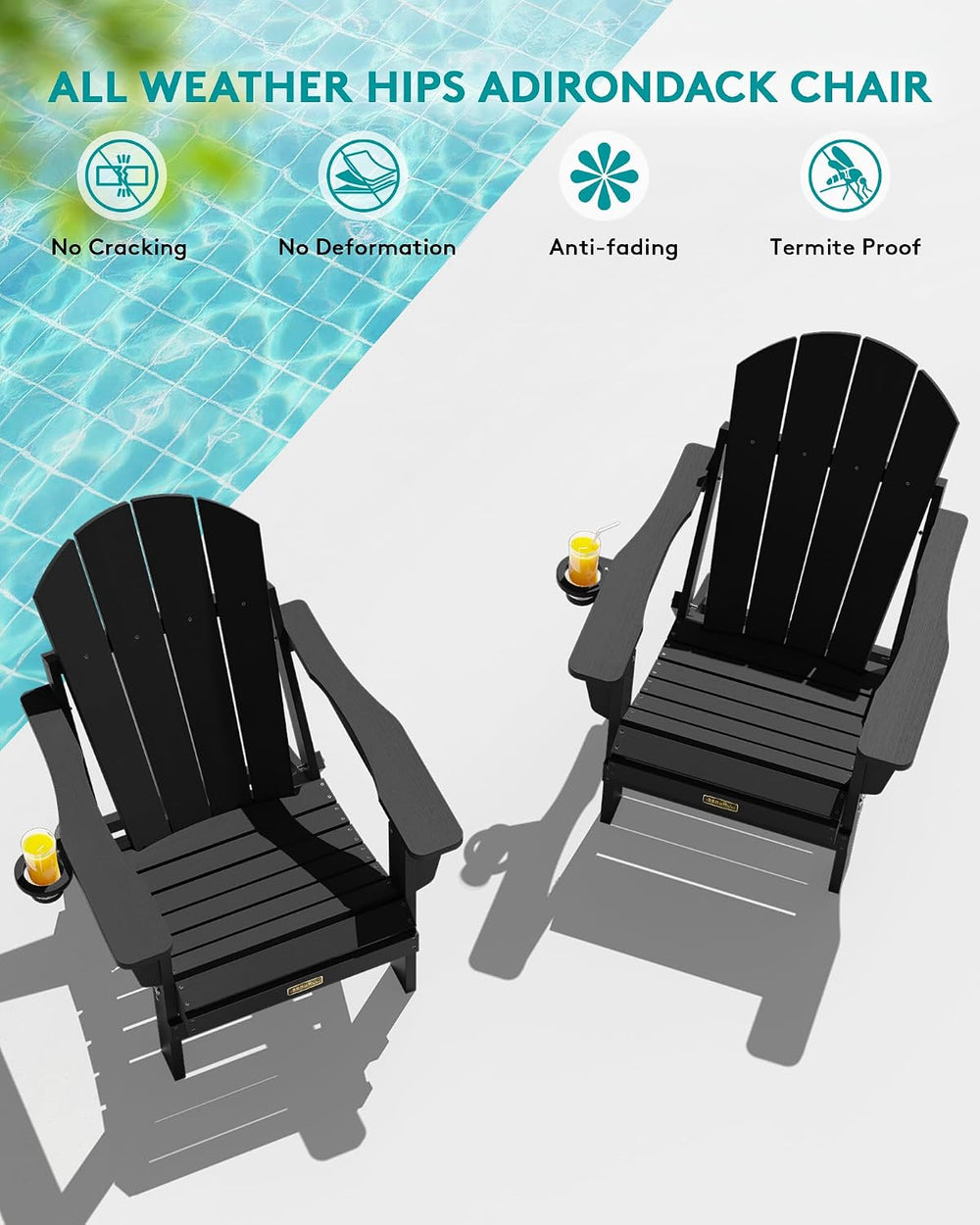SERWALL Folding Adirondack Chairs with Cup Holder, Outdoor Fire Pit - Black