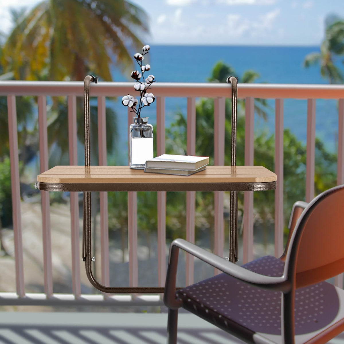 Balcony Railing Table Hanging Folding Balcony Bar Table for Deck Railings Outdoor 23.6" x 15.7" Aluminium Frame Adjustable All Weather Space Saving (Brown)