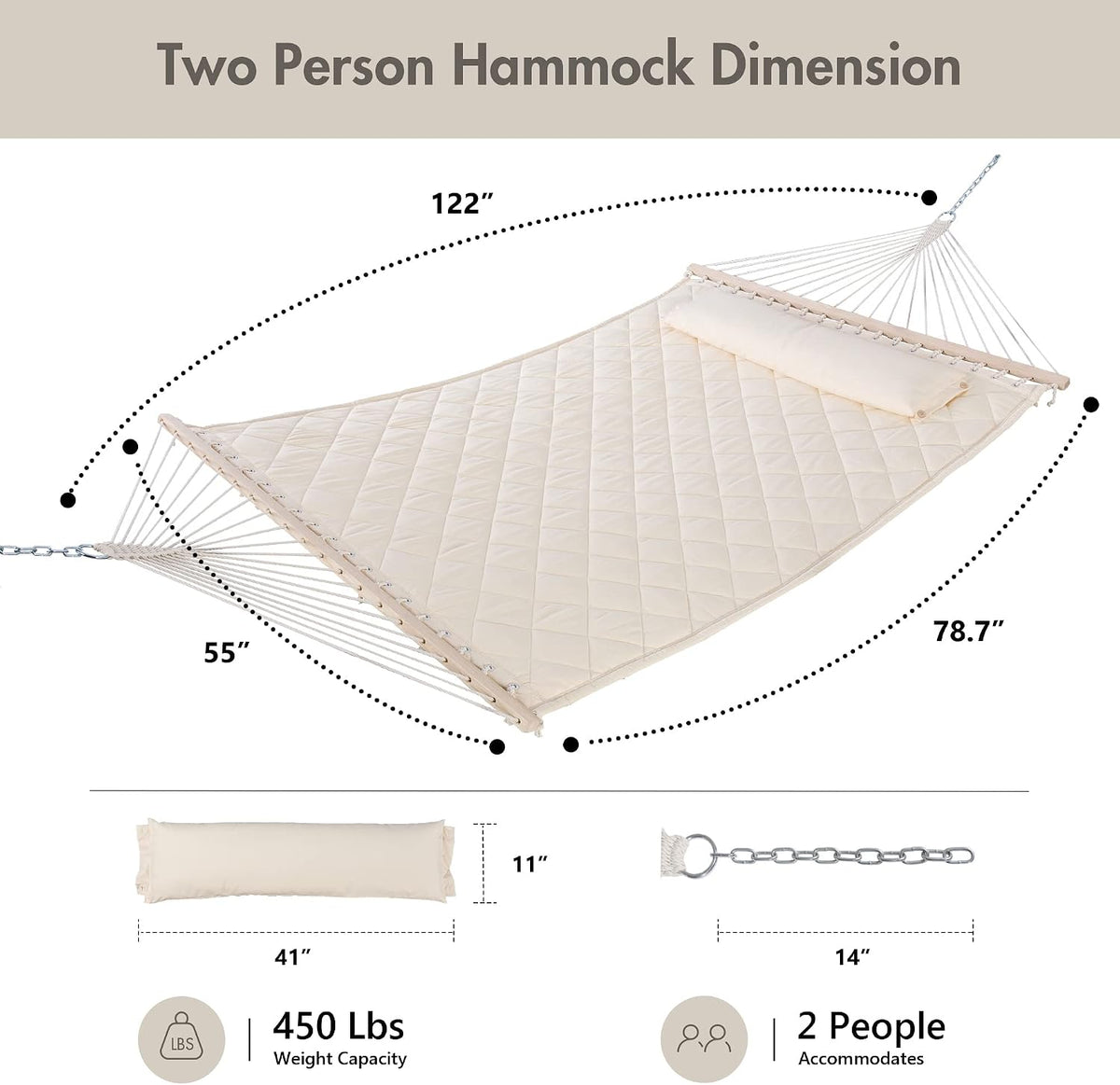 ANOW Heavy Duty Hammock with Spreader Bars and Detachable Pillow, Cream