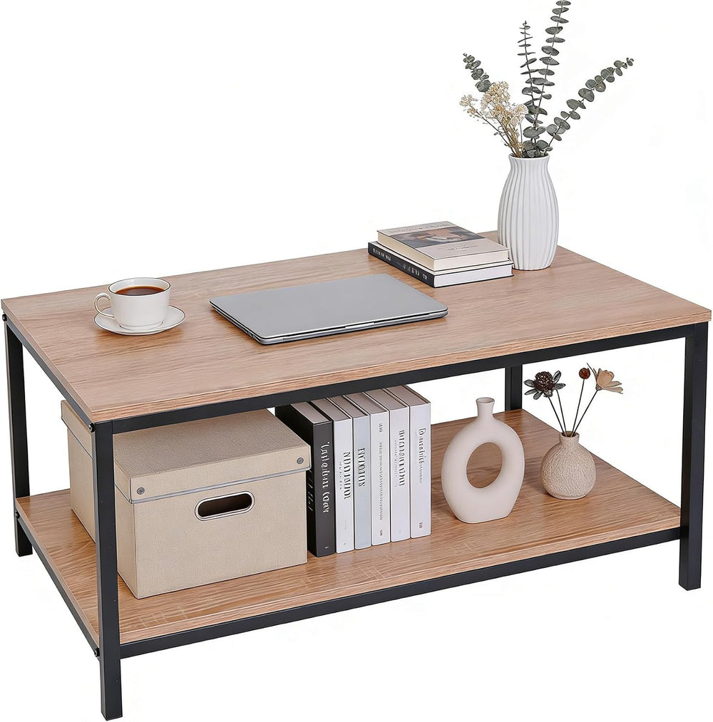 SUPER DEAL 2-Tier Industrial Coffee Table with Storage Shelf for Small Apartm...