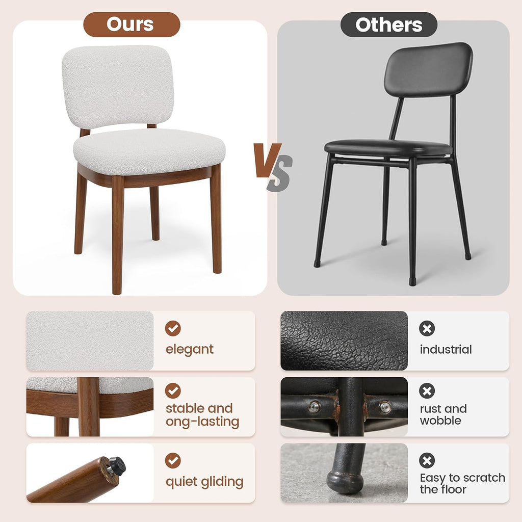 Wooden Dining Chairs Set of 6, Boucle Upholstered Kitchen Chairs with Solid Wood Legs, Mid Century Modern Dining Chairs, Farmhouse Side Chair with Hardwood Frame for Dining Room, White