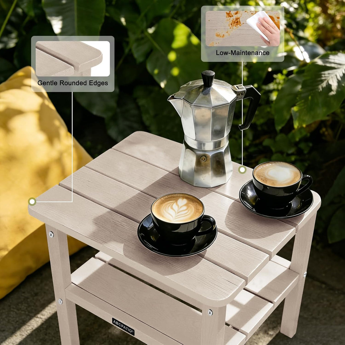 Patio Side Table HDPE Double Layer Storage Square Woodgrain Sand