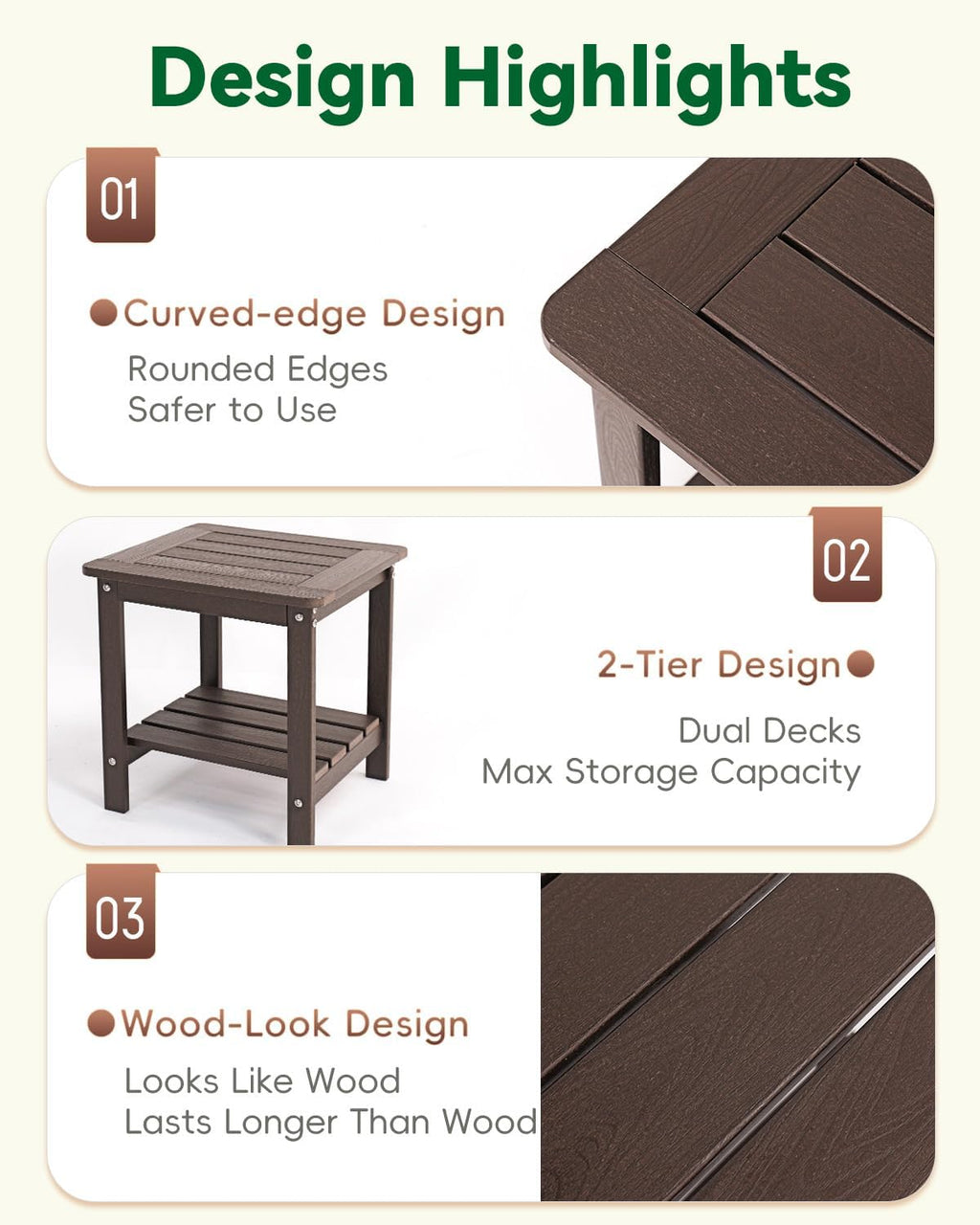 Outdoor Side Table, 2-Tier HDPE Small Patio Table, Coffee