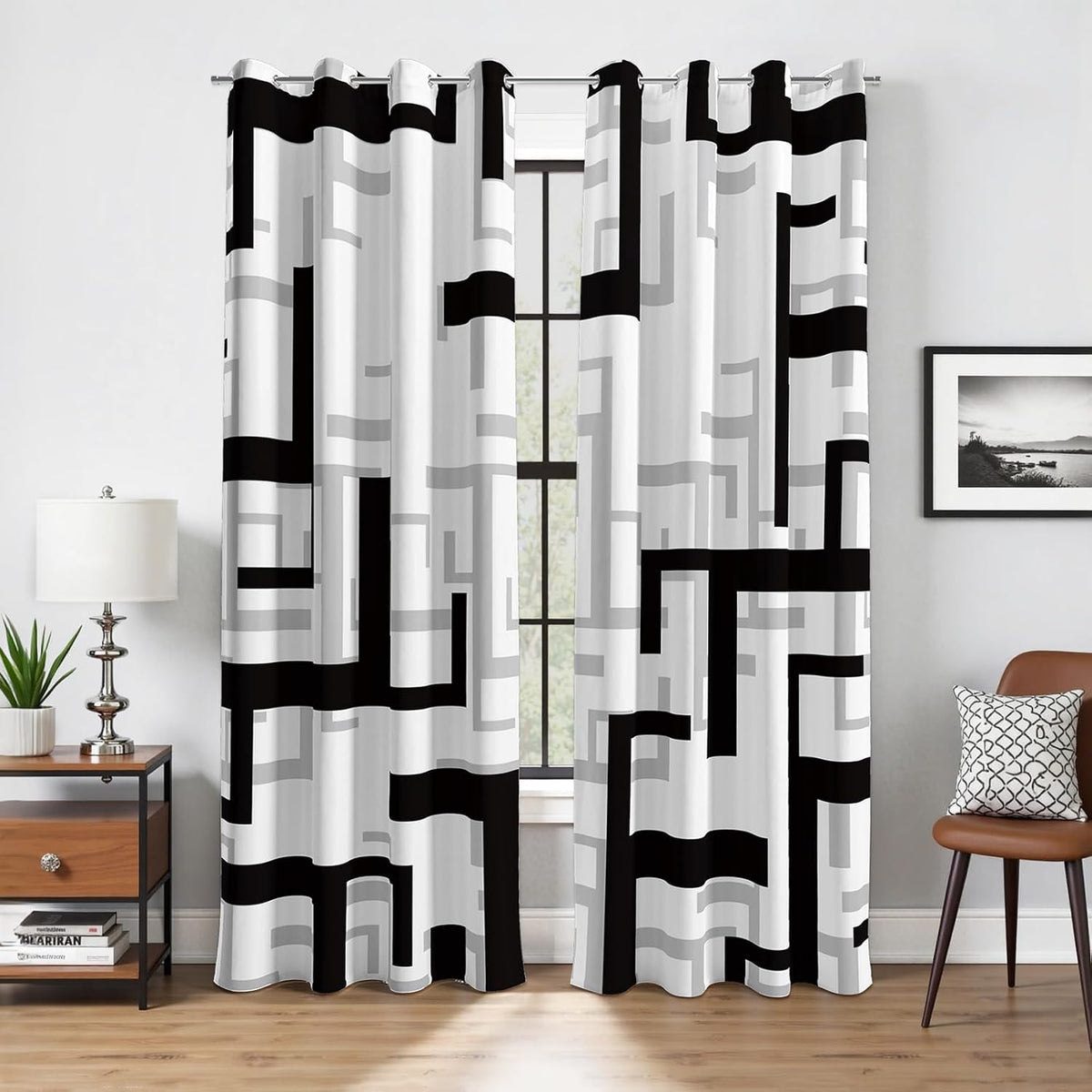 Black and White Modern Blackout Curtains, 52 x 84 Inch, Grommet, 2 Panels