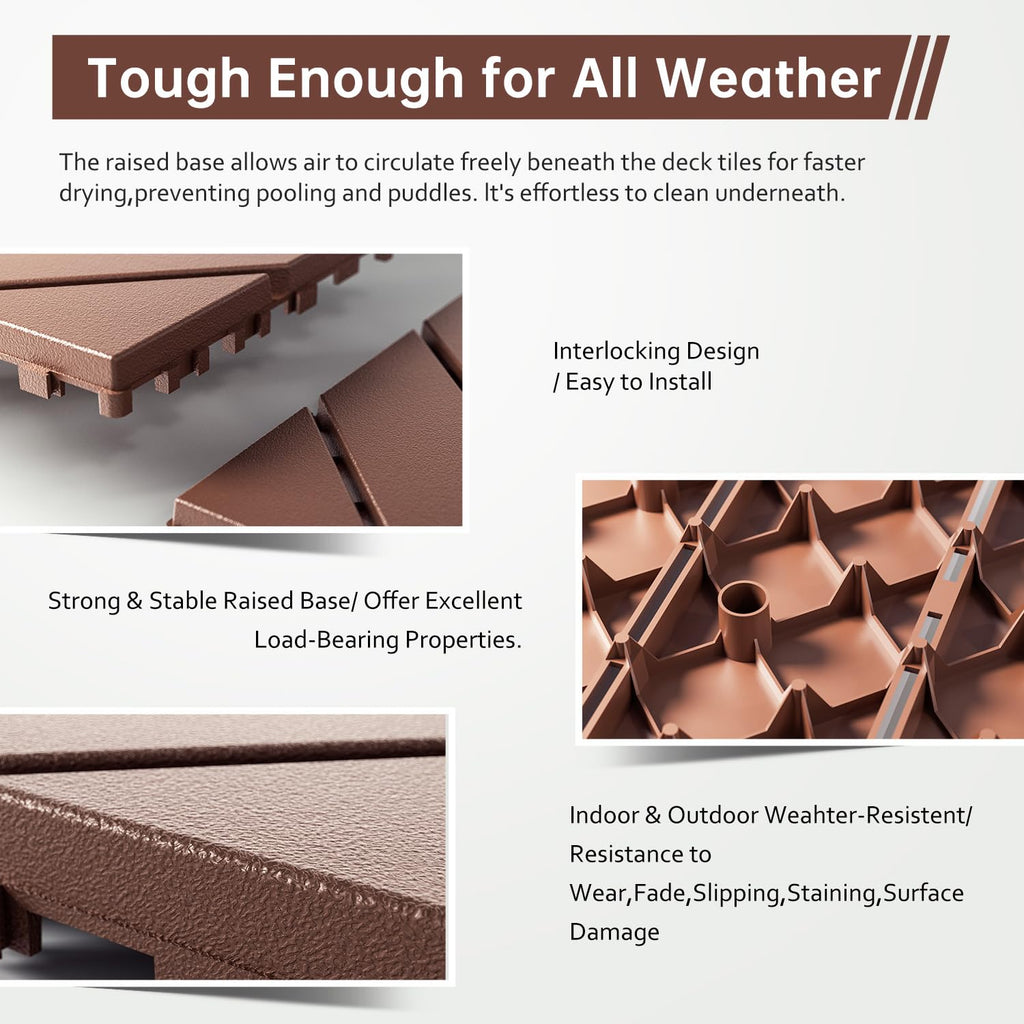 EchoDeck Interlocking Deck Tiles,54 Pack Deck Tiles Interlocking Outdoor All Weather,Patio Deck Tiles,12"x12",Diagonal,Sturdy Base,Highly Durable,Stylish,Non-Slip,Faster-Drying,Efficient,Brown