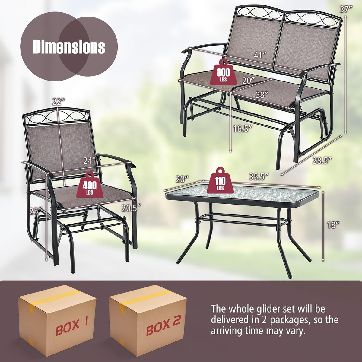 GIANTEX 4 PCS Outdoor Glider Chairs Set - Patio Furniture Set with Tempered Glass Table, Heavy-Duty Metal Frame, Gliding Rocking Chair, Conversation Set for Front Porch, Yard, Poolside (4 PCS, Brown)