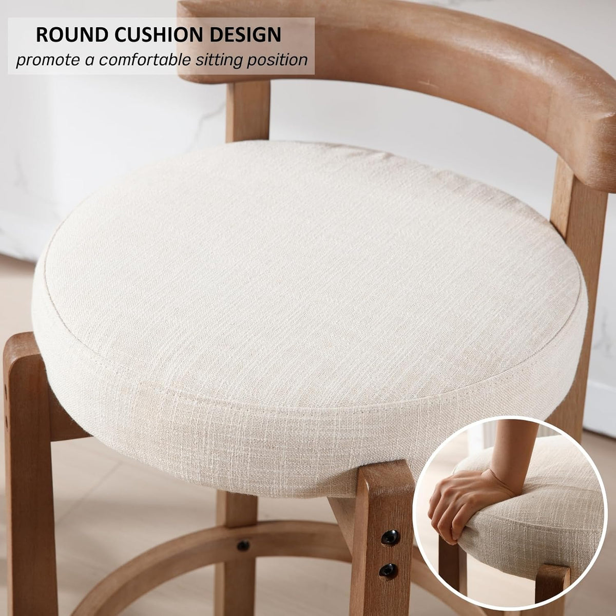 CIMOTA 26.5" Counter Height Bar Stools Set of 4 | Mid Century Modern Low Back Bar Chairs with Solid Wood Legs & Linen Upholstered Seat, Kitchen Island Stools, Beige