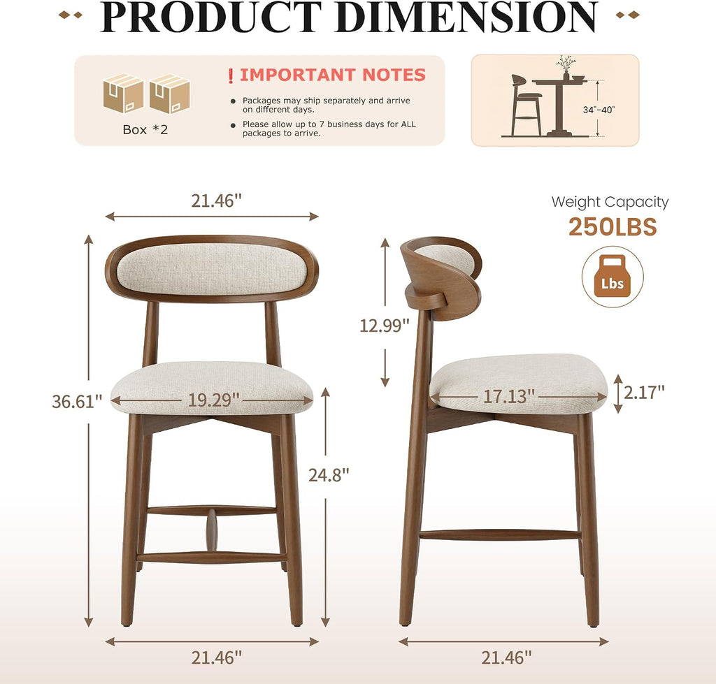 Bar Stools Set of 2, 24.8″ Counter Height Barstools with Wood Legs