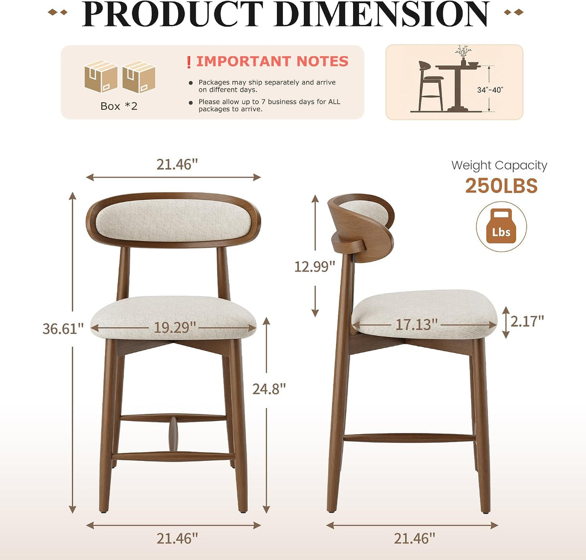 Bar Stools Set of 2, 24.8″ Counter Height Barstools with Wood Legs