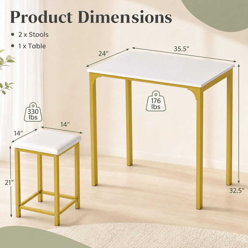 COSTWAY Dining Table Set, Counter Height Table & 2 Upholstered Stools