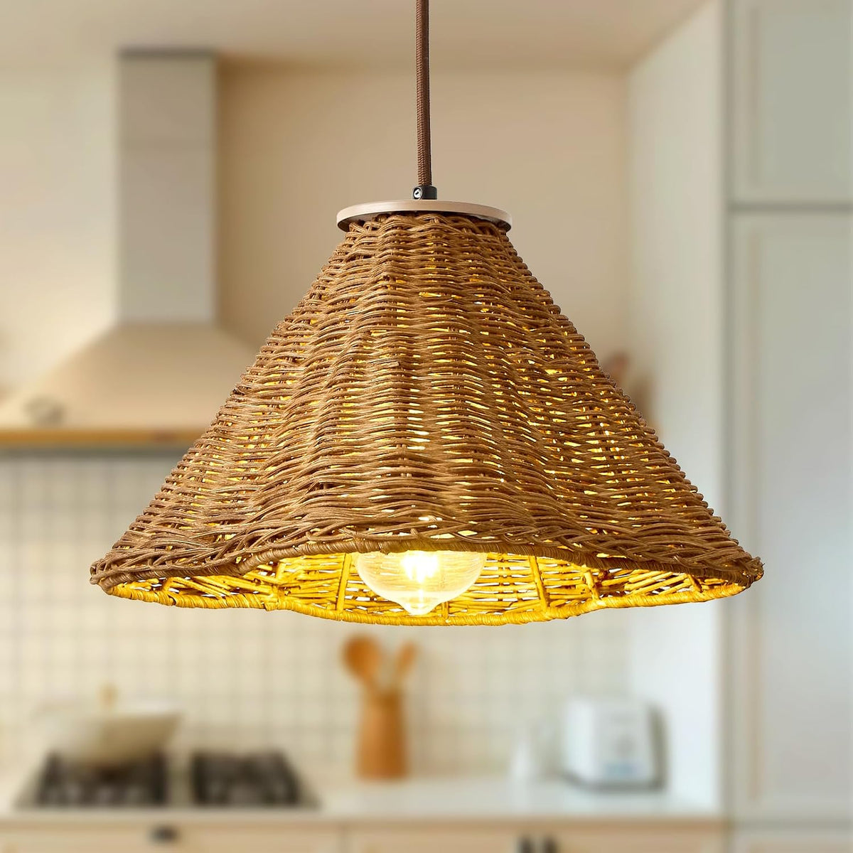 boho rattan pendant light, 11.8" hand woven hanging shown in use