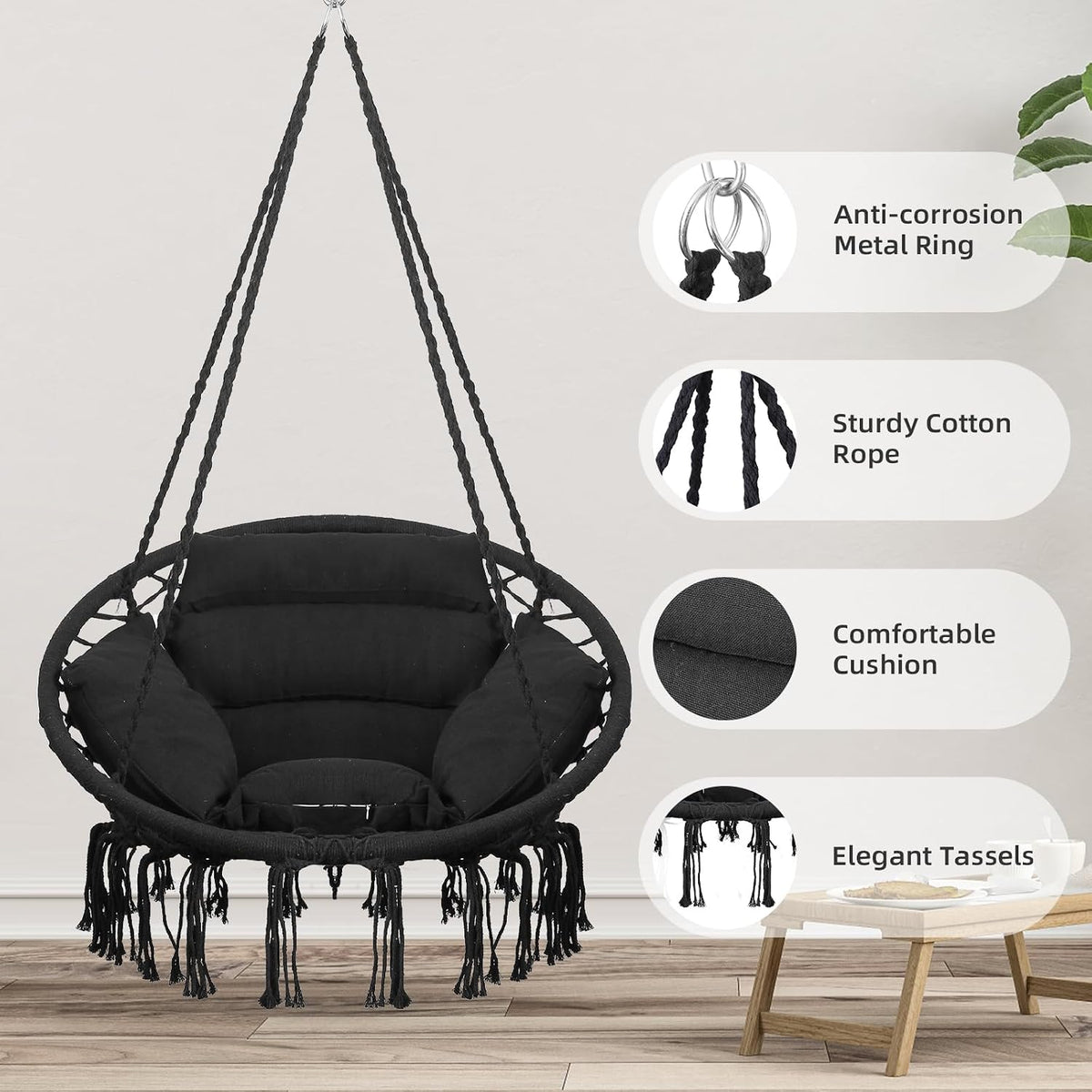 Goutime Hammock Swing Chair Macrame Boho Hanging Chairs Black