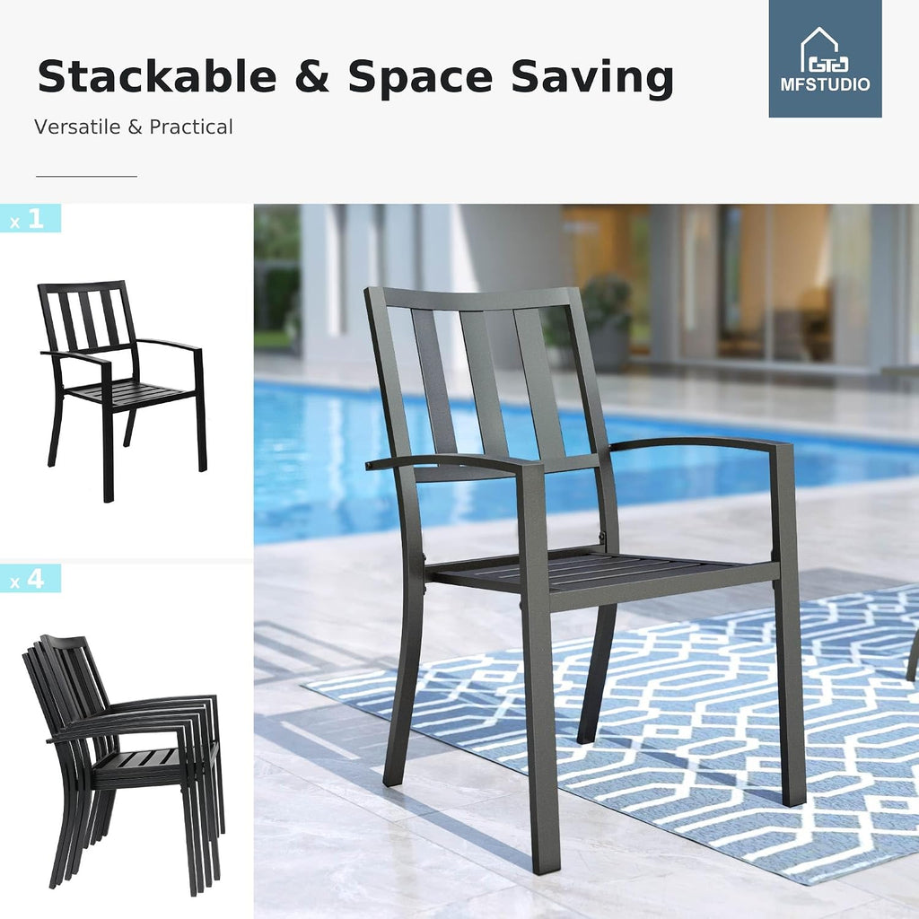 MFSTUDIO Outdoor Dining Chairs Set of 4, Metal Patio Chairs for Deck Bistro Porch Lawn, Black Wrought Iron Stackable Patio Dining Chairs