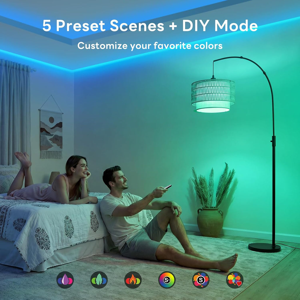Boho Rattan Arc Floor Lamp, 71" RGB Color Changing, 3-in-1 Shade