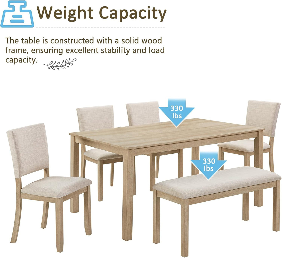 Harper & Bright Designs 6-Piece Dining Set with Bench & 4 Upholstered Chairs, 58.5" Modern Farmhouse Kitchen Table for 6, Easy Assembly,Light Oak & Beige