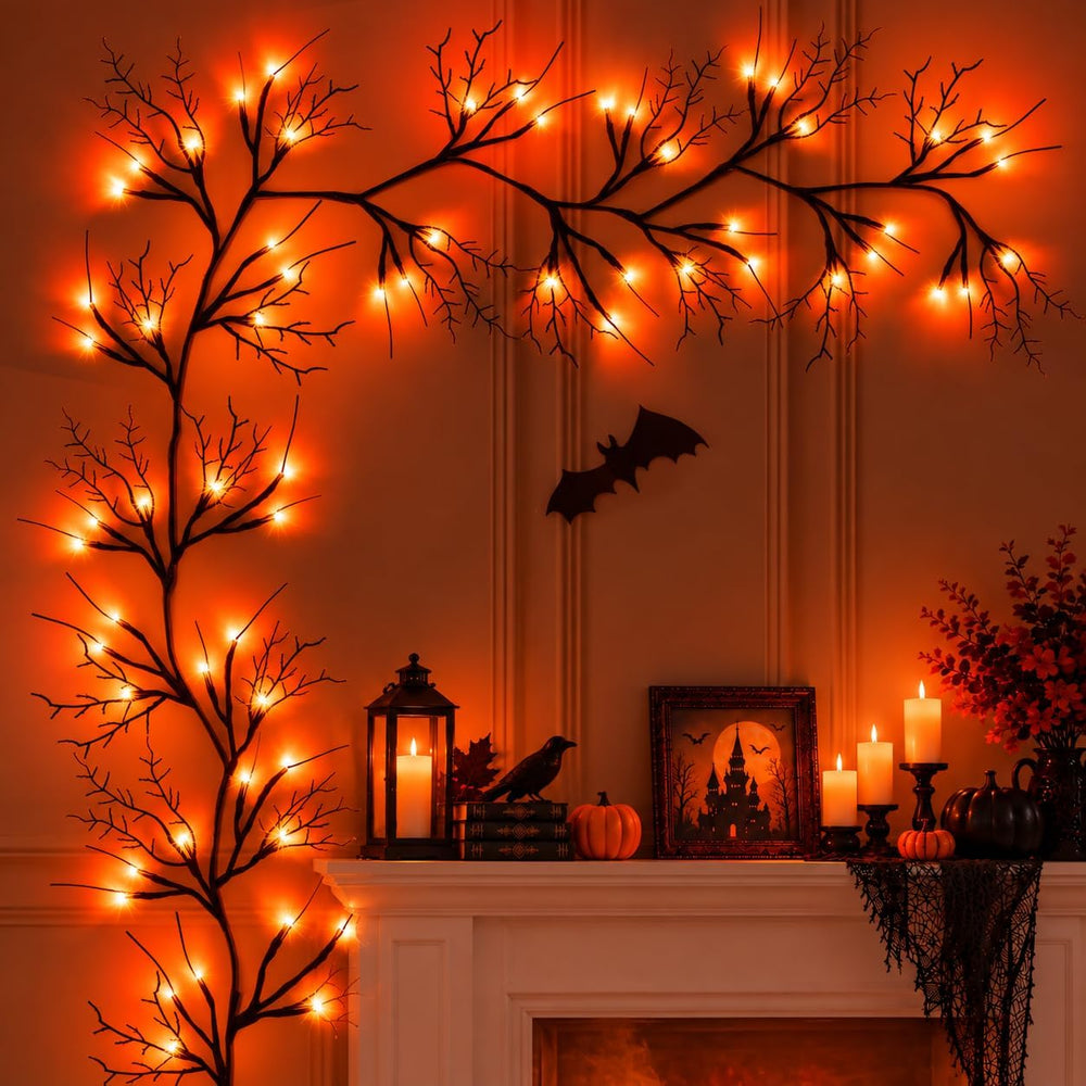Halloween Garland with Orange Lights, 9 FT Bendable Black Branch, 72 LEDs