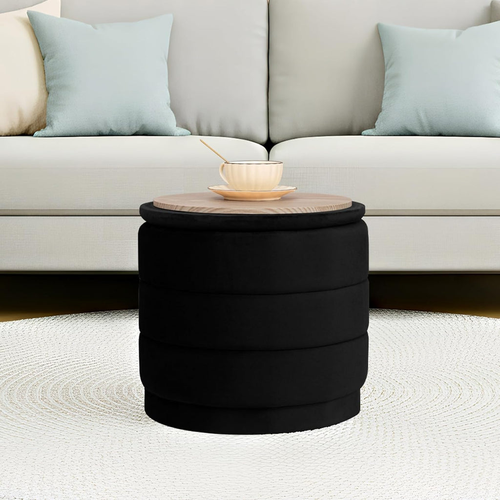 15.4" Round Velvet Storage Ottoman with Reversible Lid, Upholstered Circular Ottoman Footrest with Hidden Storage, Foldable Padded Footstool for Dorm Living Room & Bedroom, Black