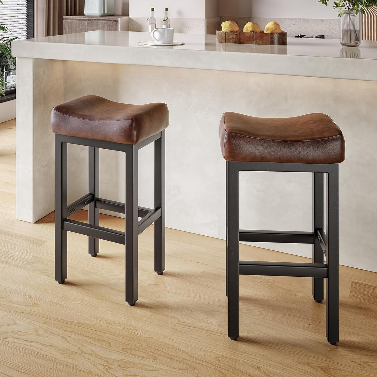 Raynesys 29 Inche Bonded Leather Counter Height Bar Stools Set of 2 Square