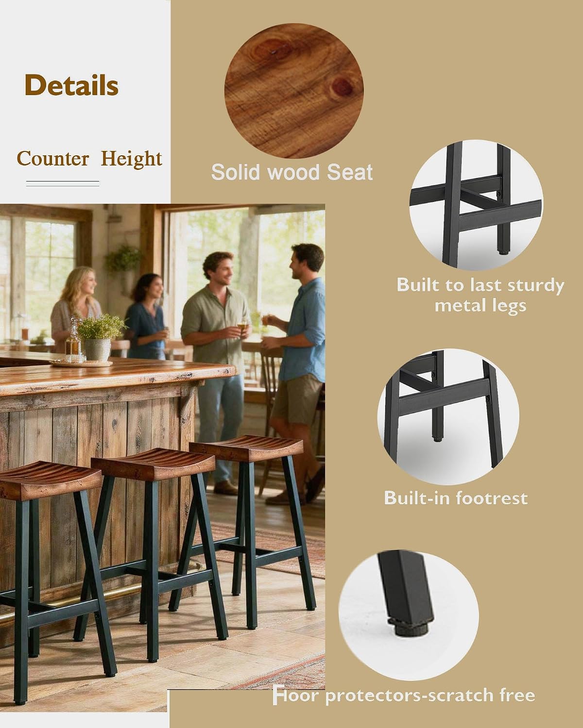 Rustic Farmhouse Wood Bar Stools Set of 3, 25" Backless Counter Barstools with Reclaimed Brown Solid Wooden Saddle Seat, Heavy Duty Vintage Black Industrial Metal for Kitchen Island, Bar