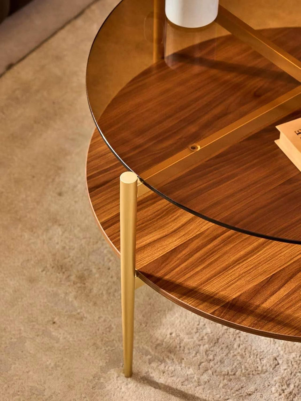 Shrine Round Glass Coffee Table, Mid-Century Modern Design, D30 x H17 in, 2-Tier Structure, Amber Glass Top and Walnut MDF Shelf, Sleek Conical Metal Legs with Gold Finish