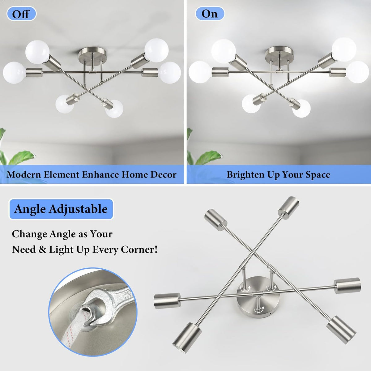 Modern Sputnik Chandelier, 6-Light Ceiling Light Fixture, Brushed Nickel