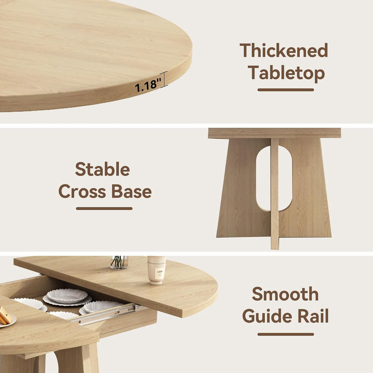 Epecoya 59-Inch Extendable Round Dining Table for Dining Room, Light Oak