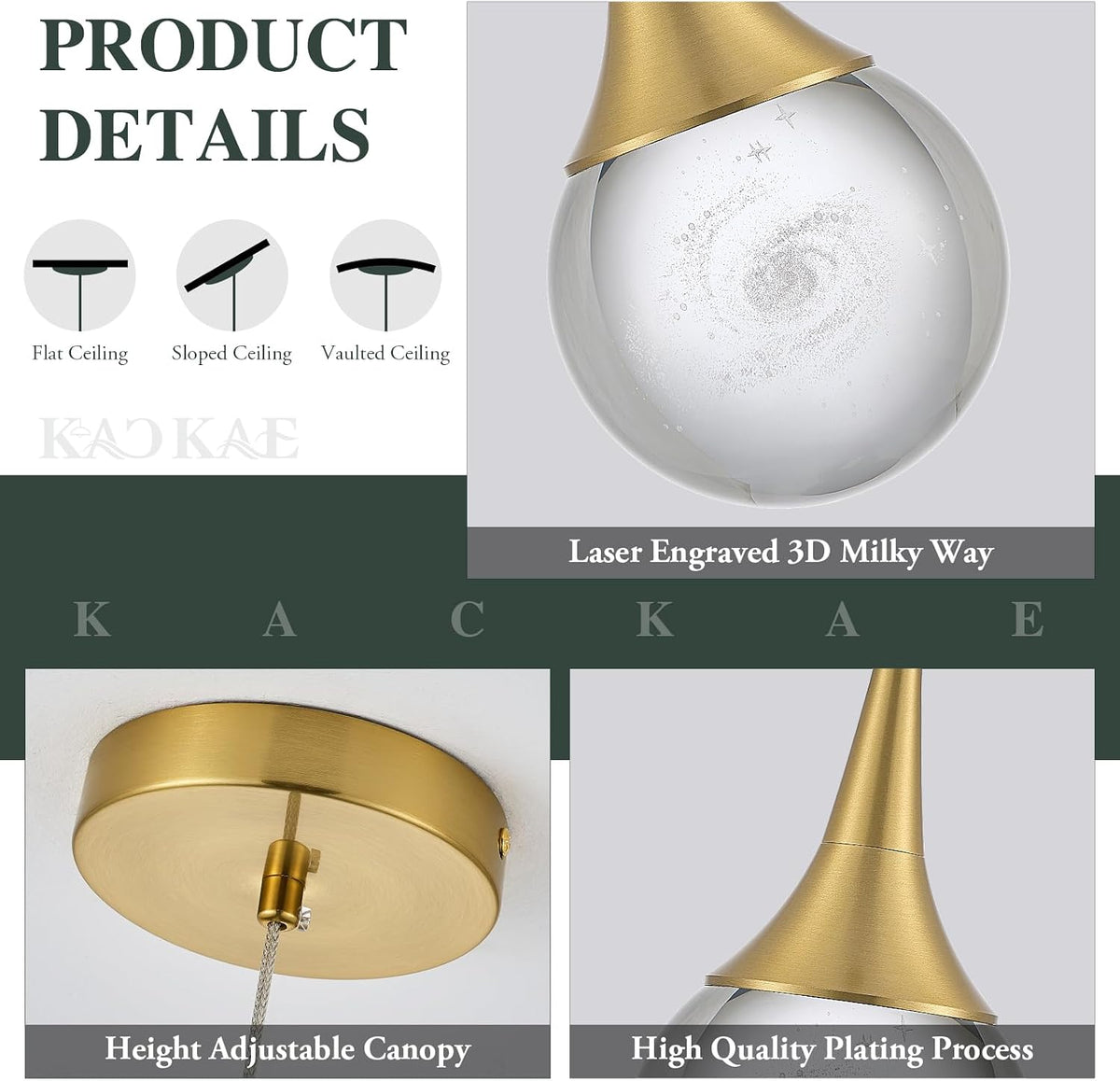 LED Pendant Light Kitchen Island Milky Way Crystal Pendant Lights Dimmable Gold Modern Hanging Light for Bedroom Bathroom Living Room 3000K Warm White, 1 Pack