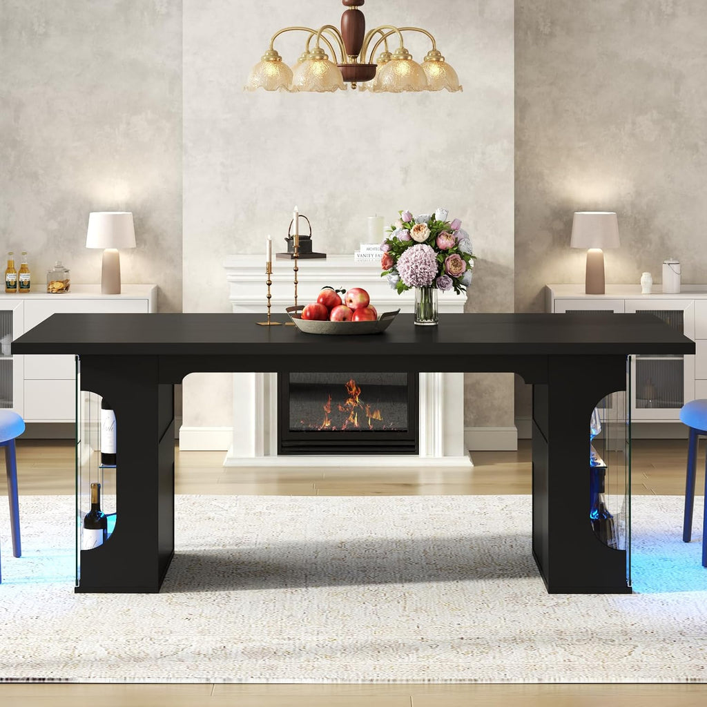 Loomie 70.8" Large Dining Table with Glass Storage Cabinet & LED Lights