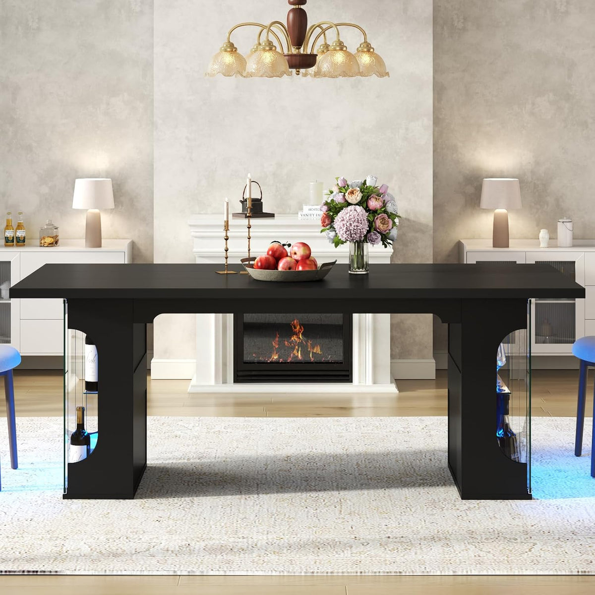 Loomie 70.8" Large Dining Table with Glass Storage Cabinet & LED Lights