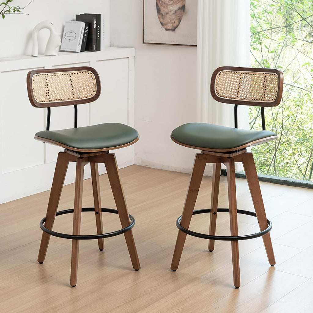 26" Rattan Bar Stools Set of 2,Faux Leather Counter Height Swivel Barstools with Rattan Backrest/Wooden Legs,Armless Mid Century Modern Bar Chairs for Kitchen/Dining Room/Bar Chairs,Green PU