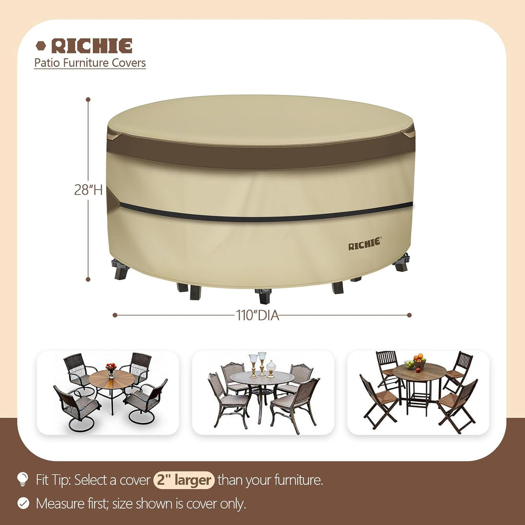 RICHIE Outdoor Patio Furniture Cover - Heavy Duty Waterproof 600D Tough Canvas Protector for Round Table Cover, All-Season Dining Table and Chair Cover (110"DIAx28"H)